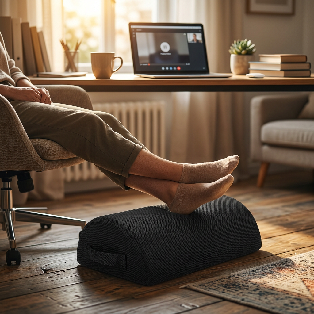 Repose-pieds ergonomique à mémoire de forme — Housse lavable, antidérapant, bureau & voiture