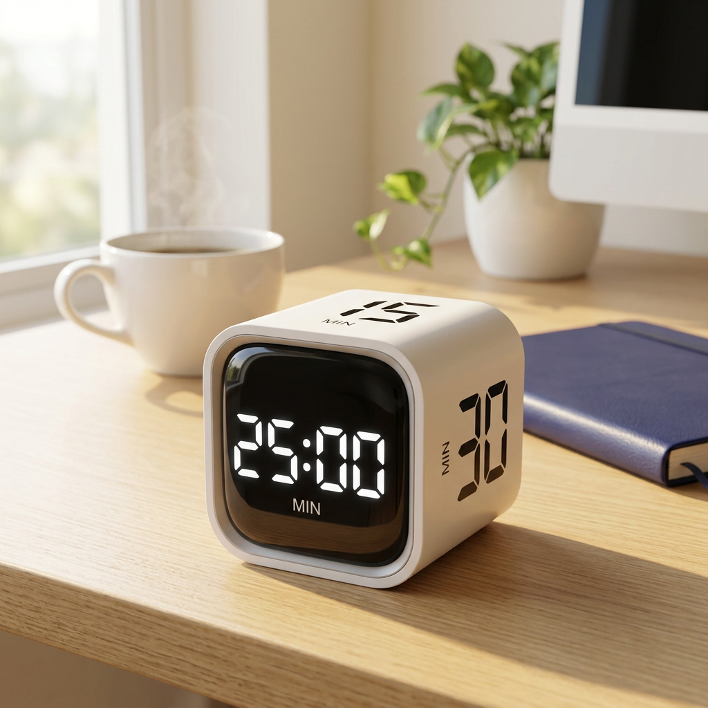 Cube minuteur LED Pomodoro — Capteur de gravité, rechargeable USB-C, productivité
