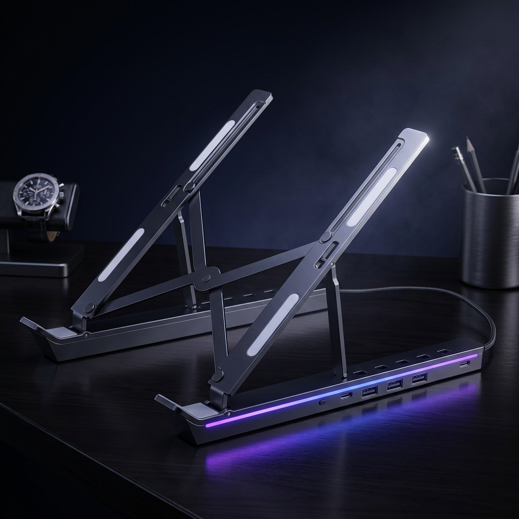 Support PC portable pliable 4-en-1 — Aluminium, RGB, hub USB intégré, réglable