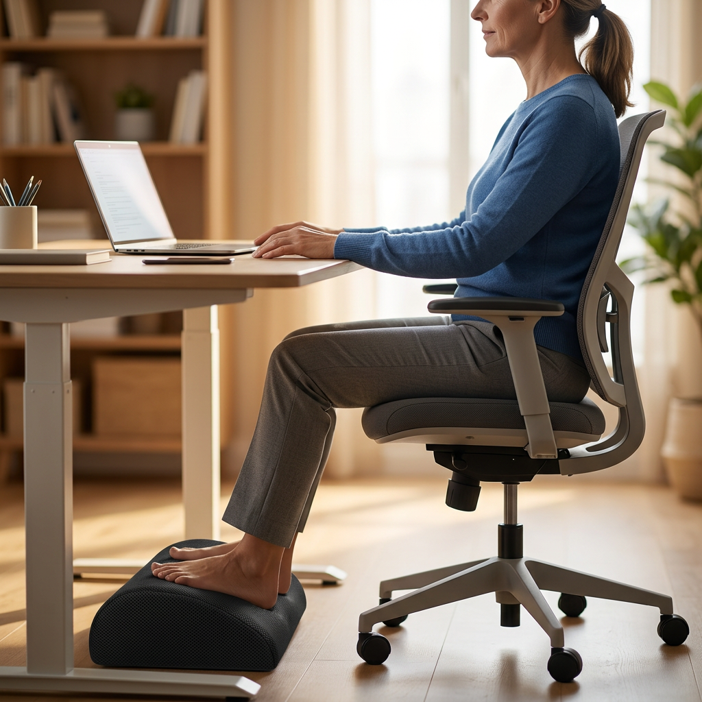 Repose-pieds ergonomique à mémoire de forme — Housse lavable, antidérapant, bureau & voiture