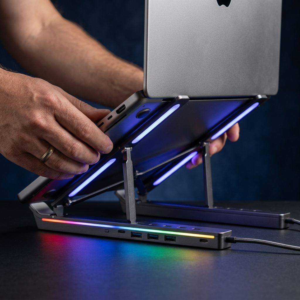Support PC portable pliable 4-en-1 — Aluminium, RGB, hub USB intégré, réglable