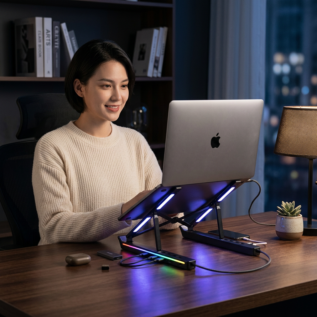 Support PC portable pliable 4-en-1 — Aluminium, RGB, hub USB intégré, réglable