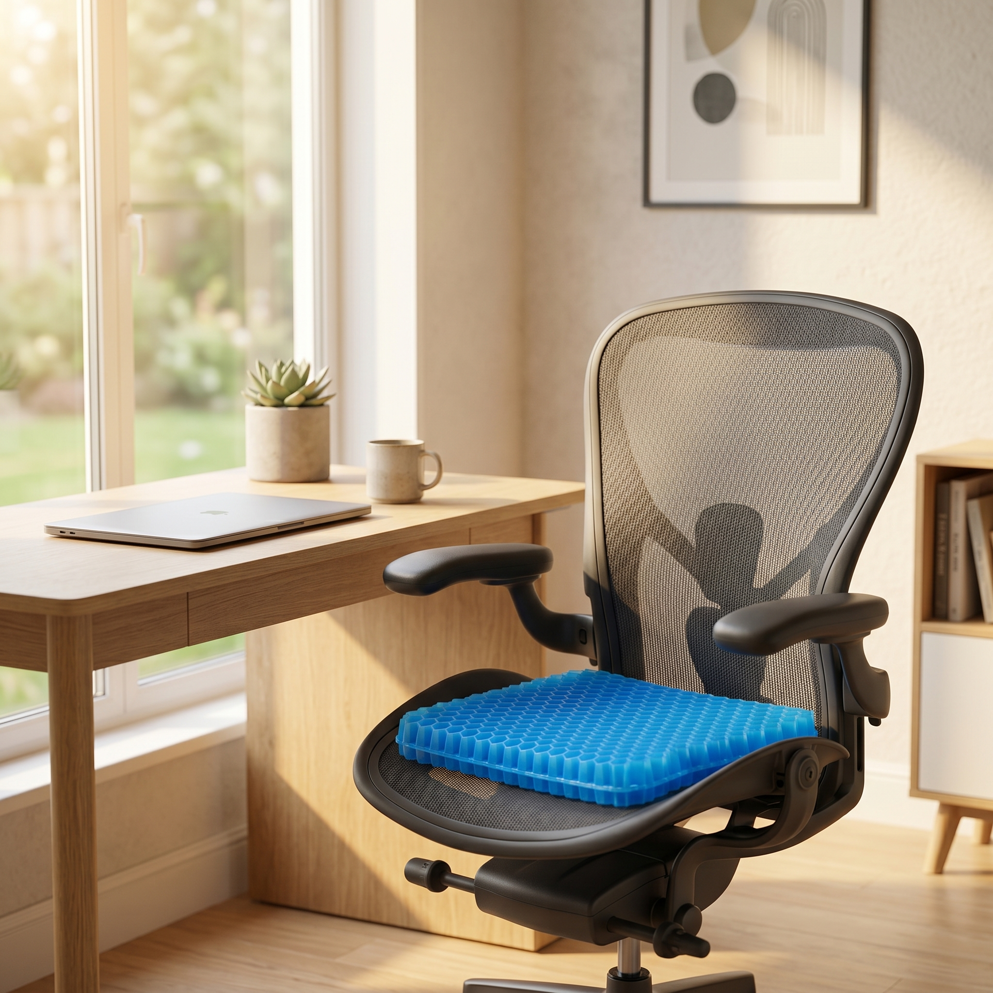 Coussin gel sur chaise de bureau — setup télétravail Image