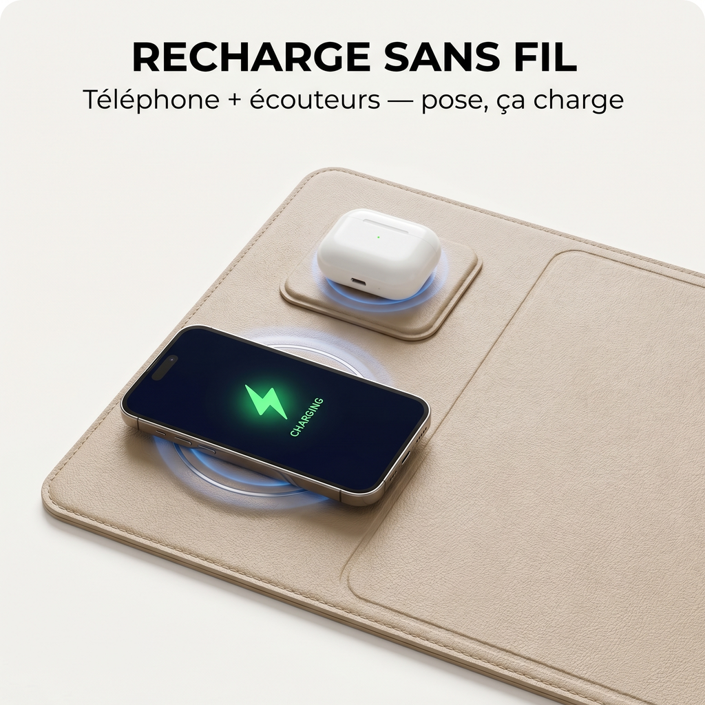 Tapis de Bureau Chargeur Sans Fil — Recharge Magnétique 15W Intégrée | Valoria
