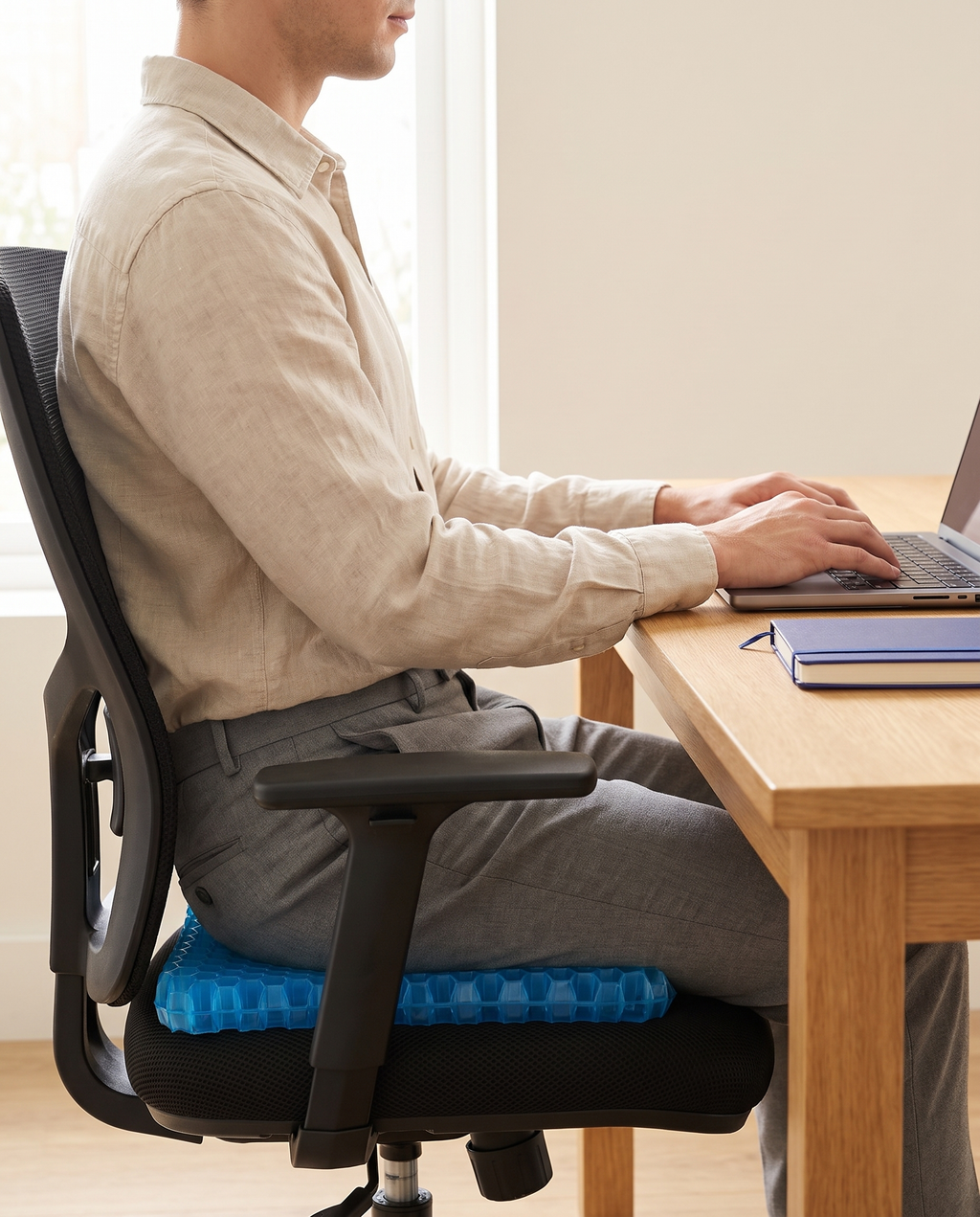 Personne assise au bureau sur le coussin d'assise en gel