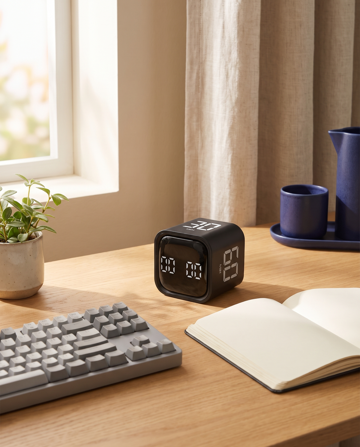 Cube Focus posé sur un bureau en chêne à côté du clavier et d'un carnet