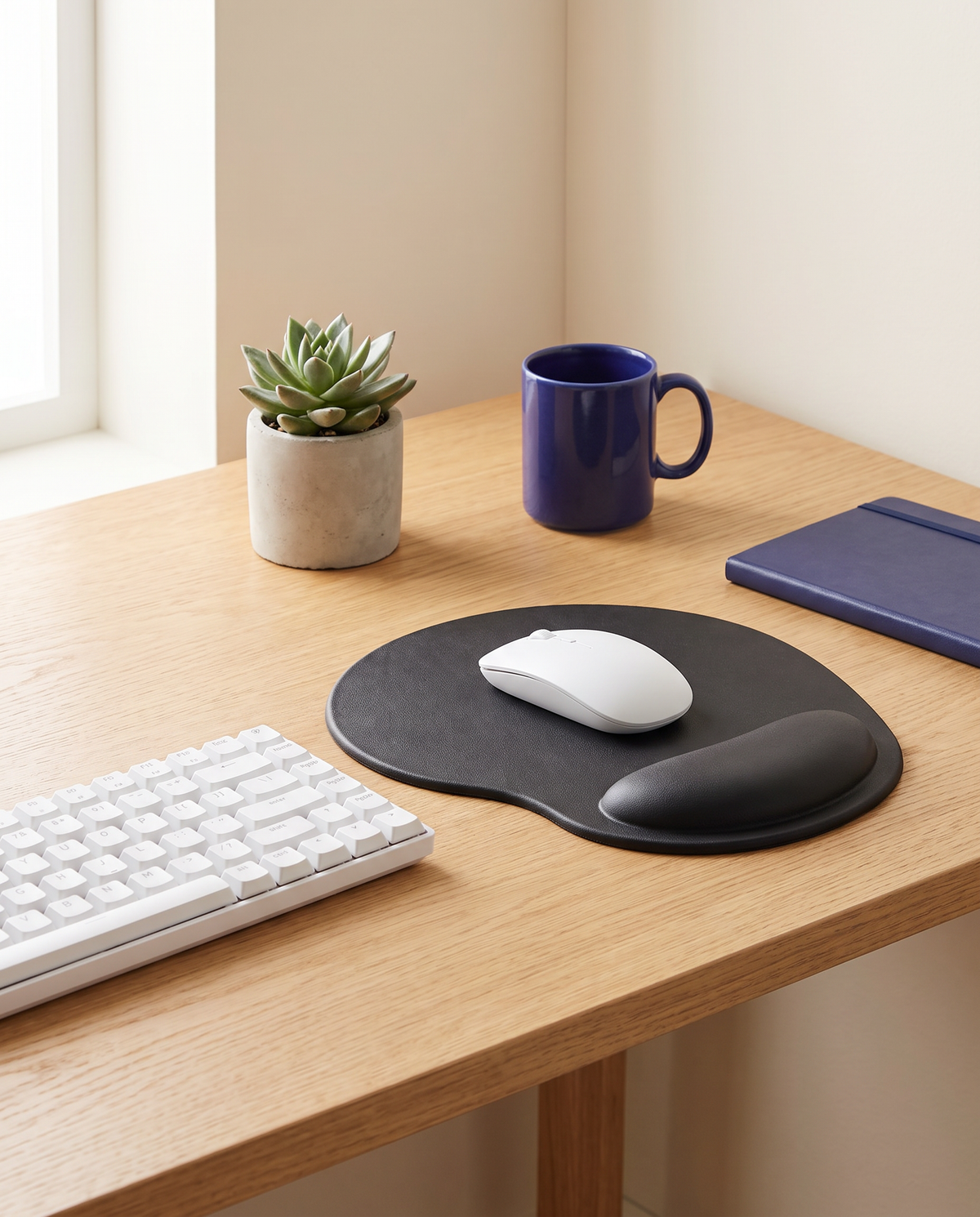 Tapis de souris ergonomique sur un bureau en chêne à côté du clavier