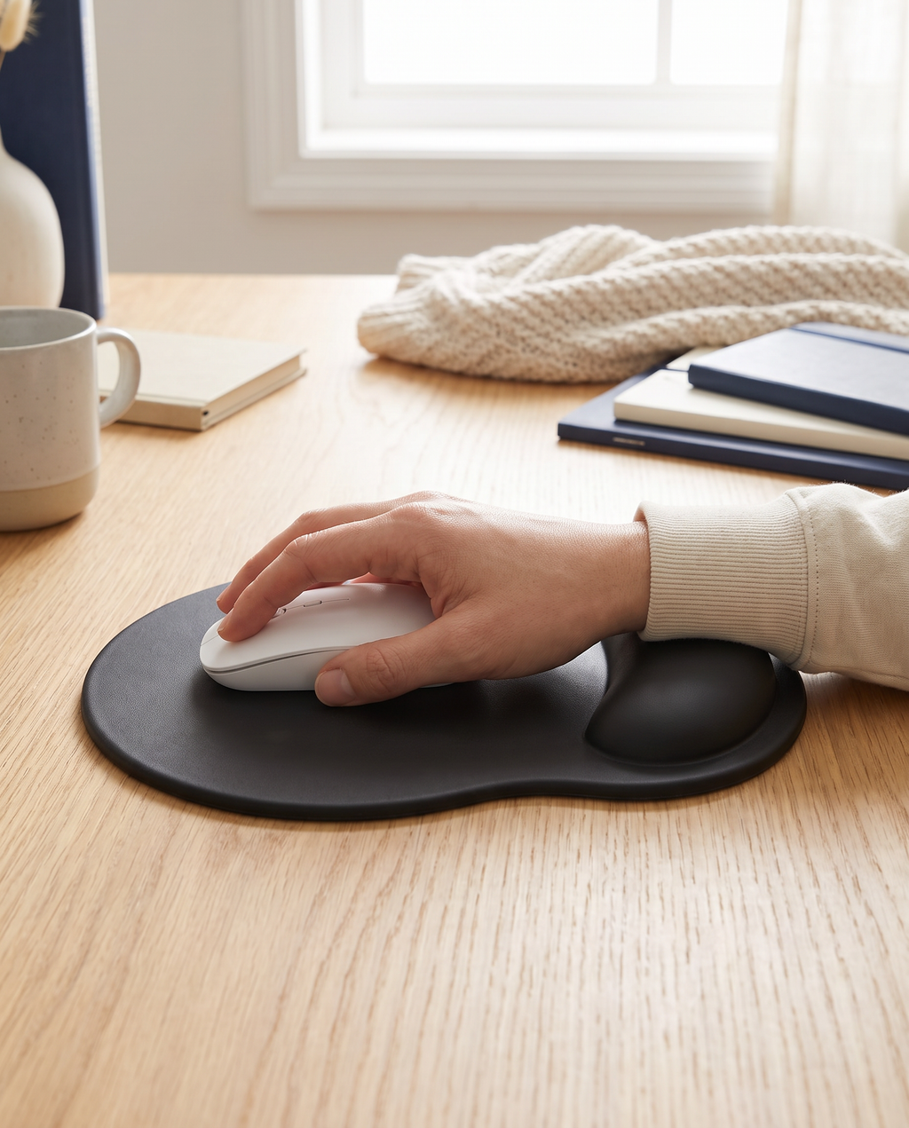 Main utilisant la souris, poignet posé sur le repose-poignet en gel