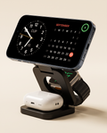 Station de charge 3-en-1 noire rechargeant téléphone, montre et écouteurs VALORIA