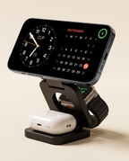 Station de charge 3-en-1 noire rechargeant téléphone, montre et écouteurs VALORIA