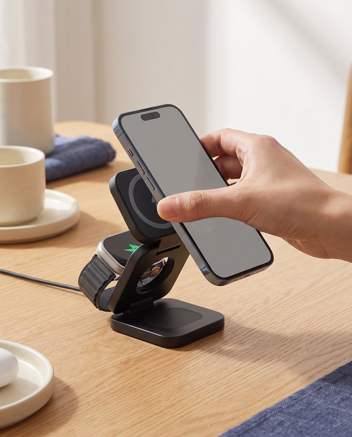 Main posant un smartphone sur le support magnétique de la station de charge