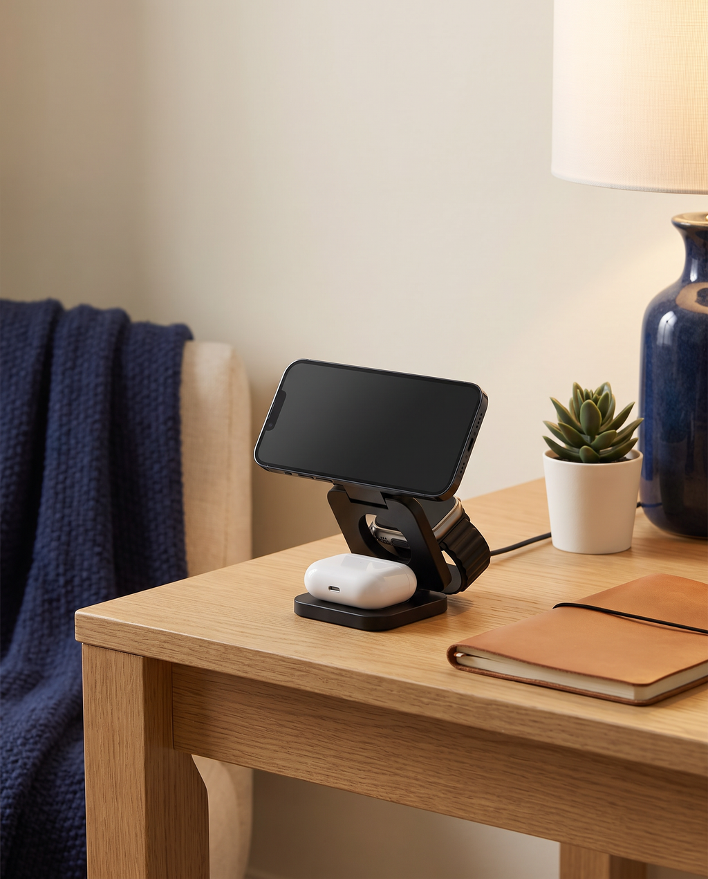 Station de charge 3-en-1 sur un bureau en chêne le soir