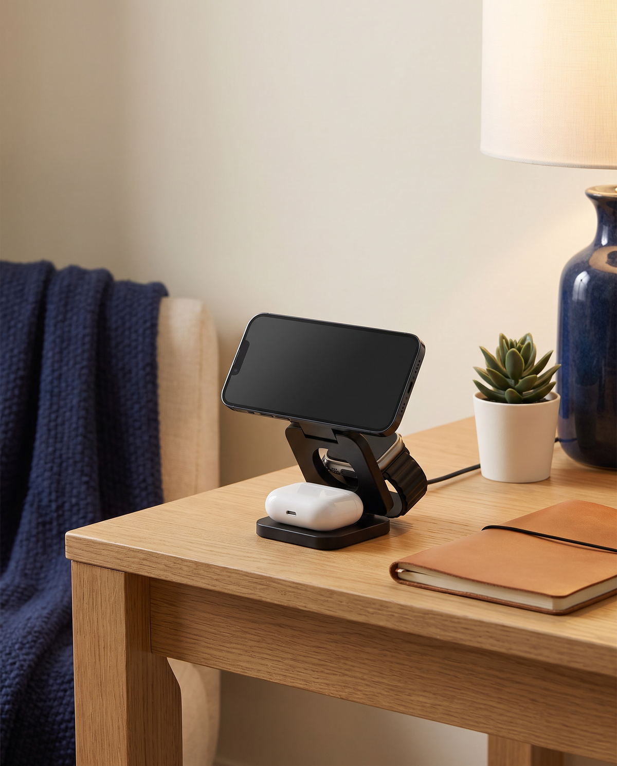 Station de charge 3-en-1 sur un bureau en chêne le soir