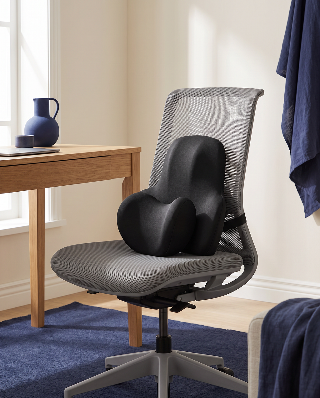 Coussin lombaire fixé sur une chaise de bureau en maille