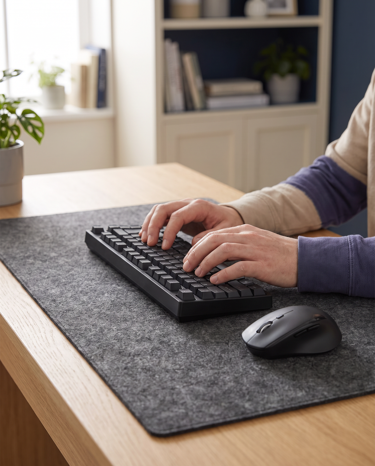 Mains tapant sur un clavier posé sur le sous-main en feutre