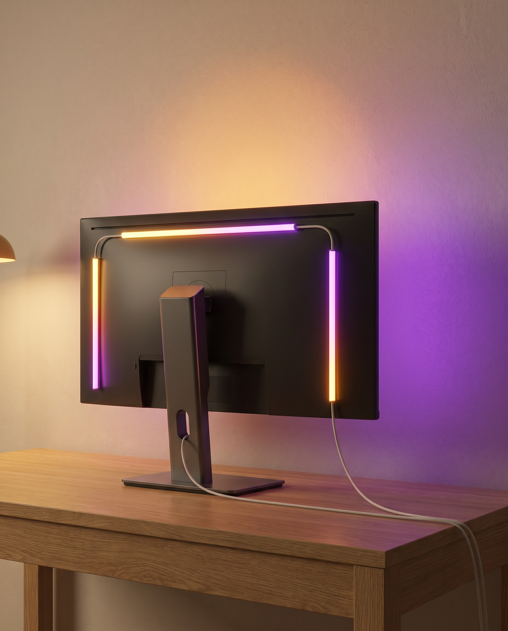 Bande LED RGBIC fixée au dos d'un écran, halo coloré sur le mur