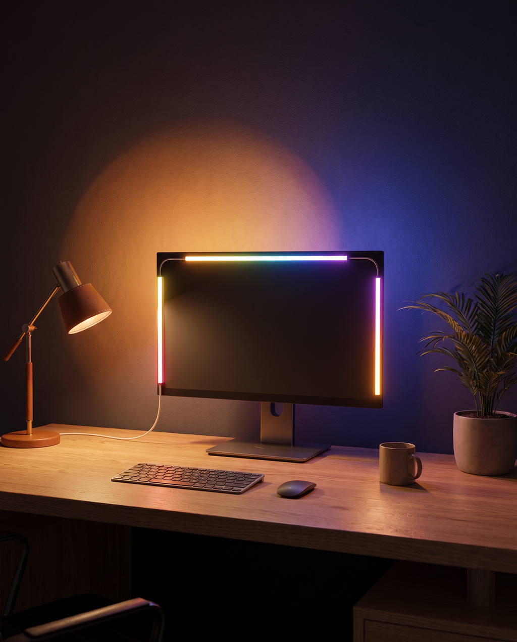Setup de bureau le soir éclairé par le rétroéclairage LED RGBIC de l'écran