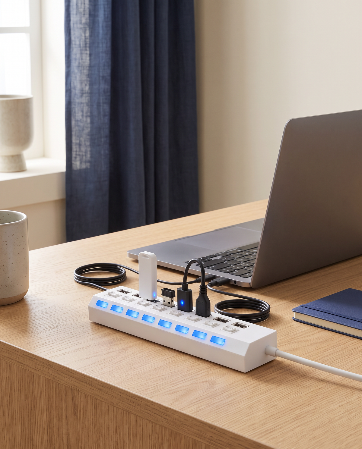 Hub USB 7 ports sur un bureau avec périphériques branchés et câbles rangés