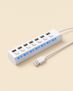 Hub USB 7 ports blanc avec interrupteurs LED bleus VALORIA