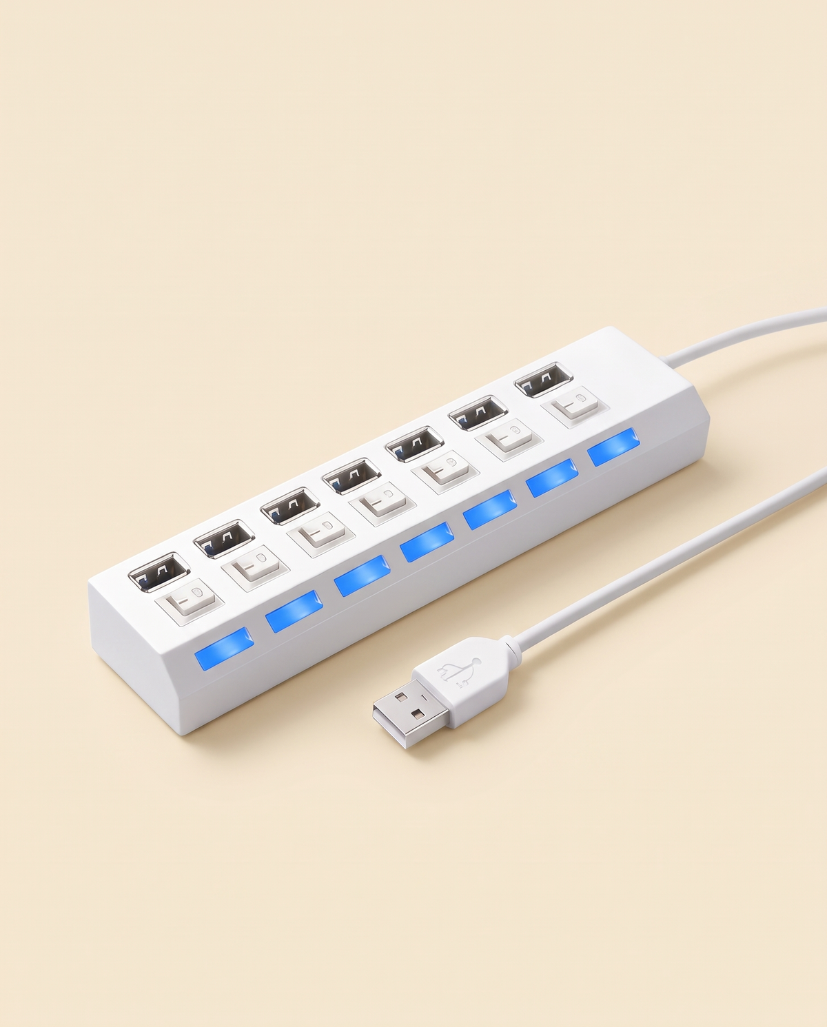 Hub USB 7 ports blanc avec interrupteurs LED bleus VALORIA