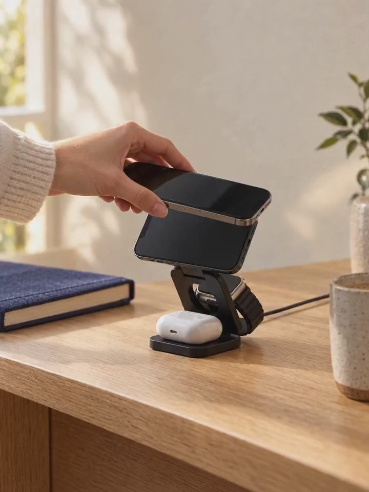 Main qui pose un smartphone sur la station de charge 3-en-1 VALORIA