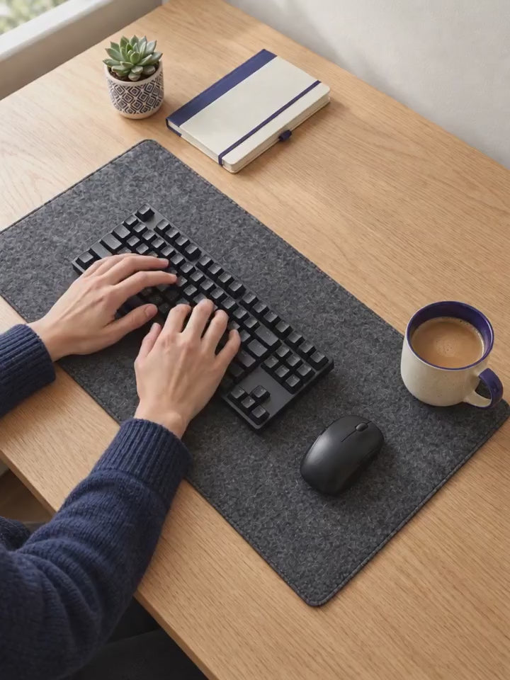 Mains qui tapent au clavier sur le sous-main en feutre VALORIA