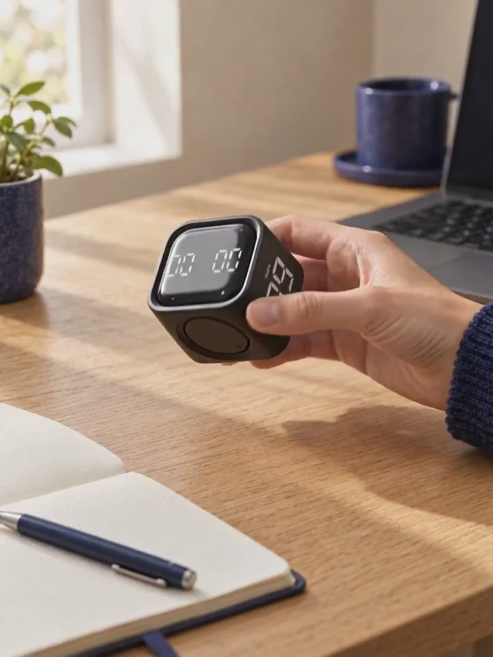 Main qui retourne le cube minuteur Pomodoro VALORIA pour lancer une session