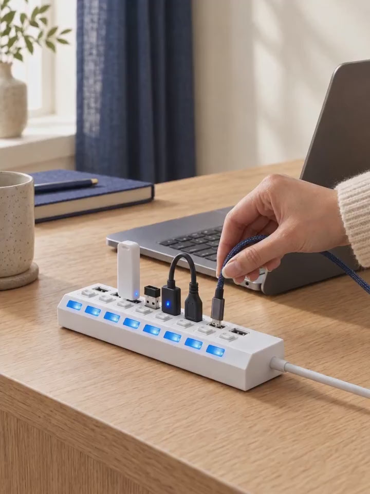 Main qui branche un câble sur le hub USB 7 ports VALORIA