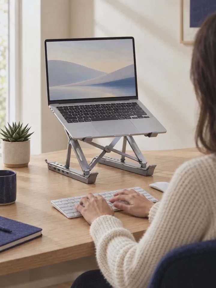 Personne qui tape au clavier, PC portable surélevé sur le support VALORIA