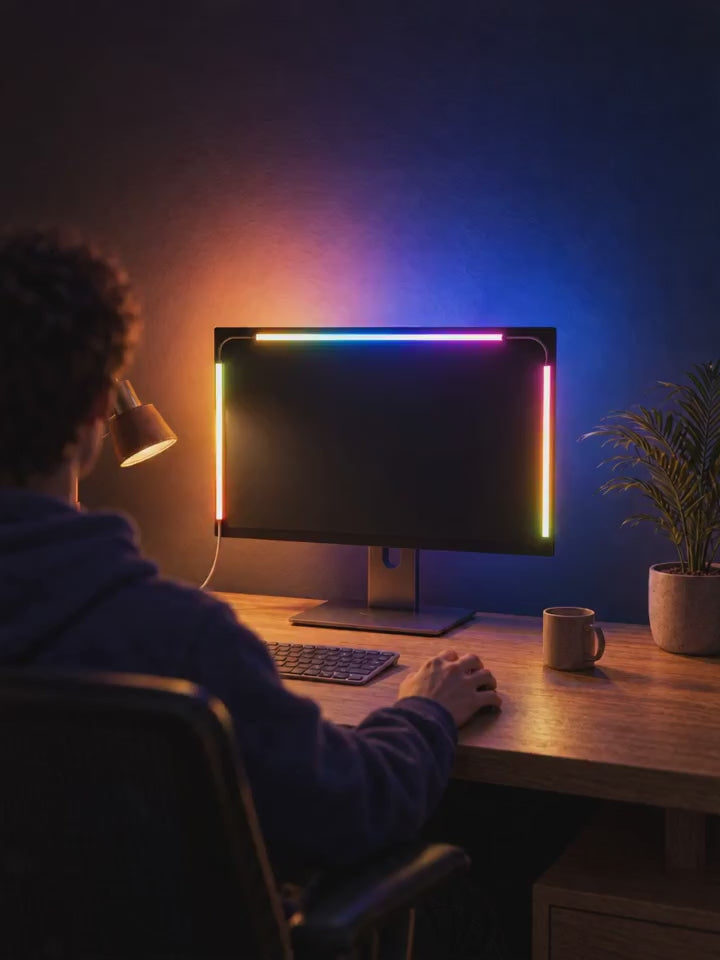 Bande LED RGBIC VALORIA qui change de couleur autour d'un écran le soir